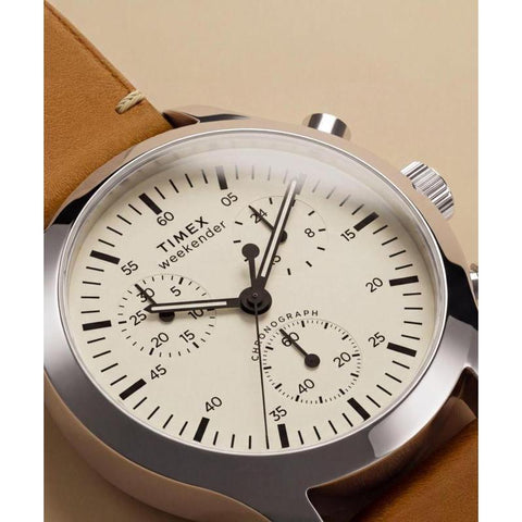 The Watch Boutique Timex Weekender New England Chronograph Leather Strap Cream Dial Watch