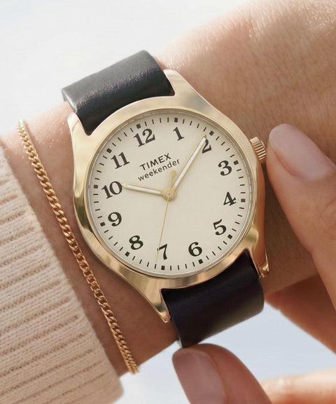 The Watch Boutique Timex Weekender New England Gold-Tone Black Leather Strap Watch