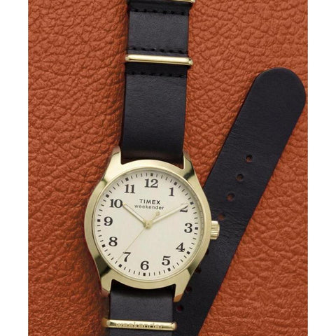 The Watch Boutique Timex Weekender New England Gold-Tone Black Leather Strap Watch