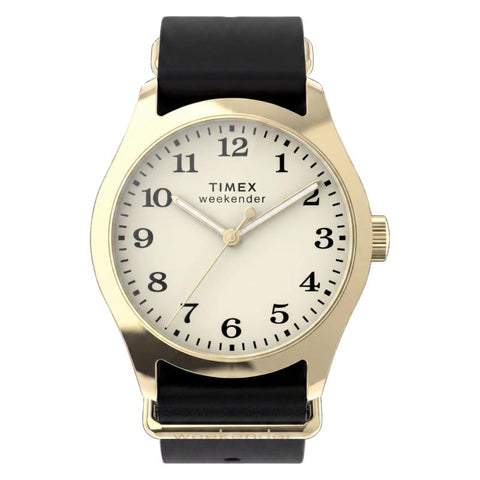 The Watch Boutique Timex Weekender New England Gold-Tone Black Leather Strap Watch