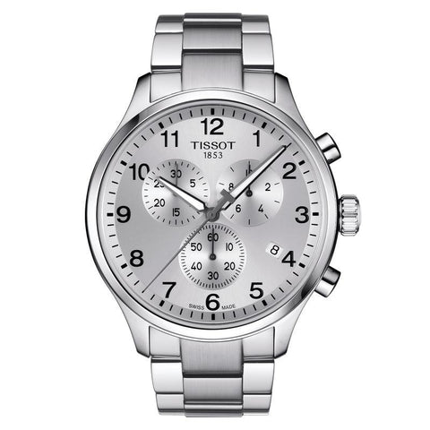Tissot Chrono XL men's watch with a 45mm stainless steel case, silver dial, and durable grey steel bracelet.