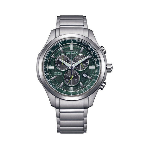 The Watch Boutique Citizen Eco-Drive Gents Titanium Chronograph Green Dial AT2530-85X