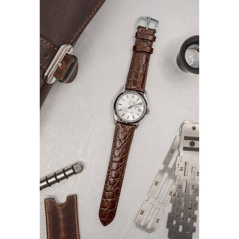 The Watch Boutique Hirsch CROCOGRAIN Crocodile Embossed Leather Watch Strap in BROWN